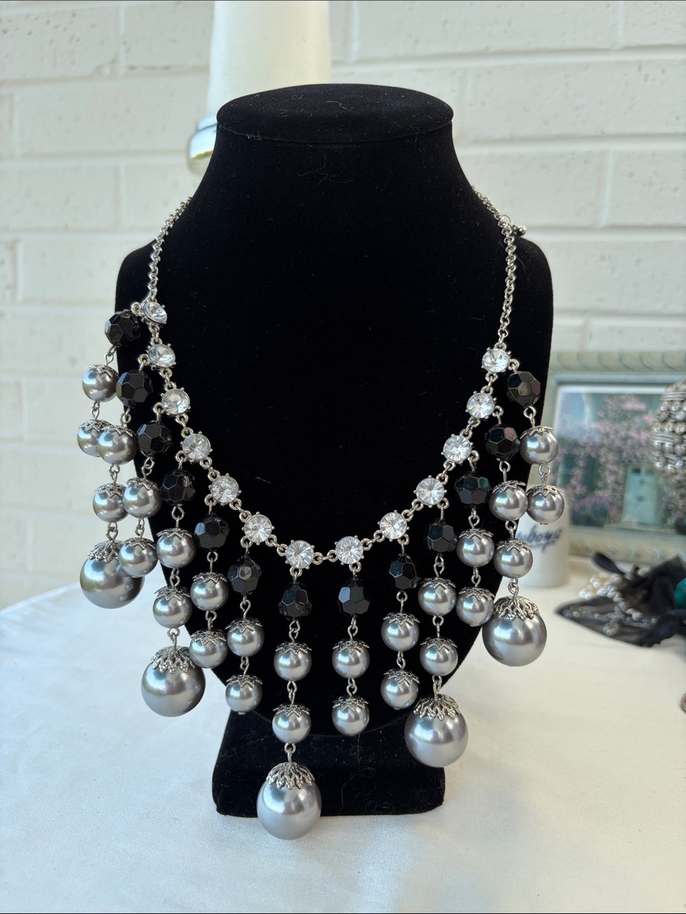 Silver Pearl Drop Statement Necklace - Women Jewelry